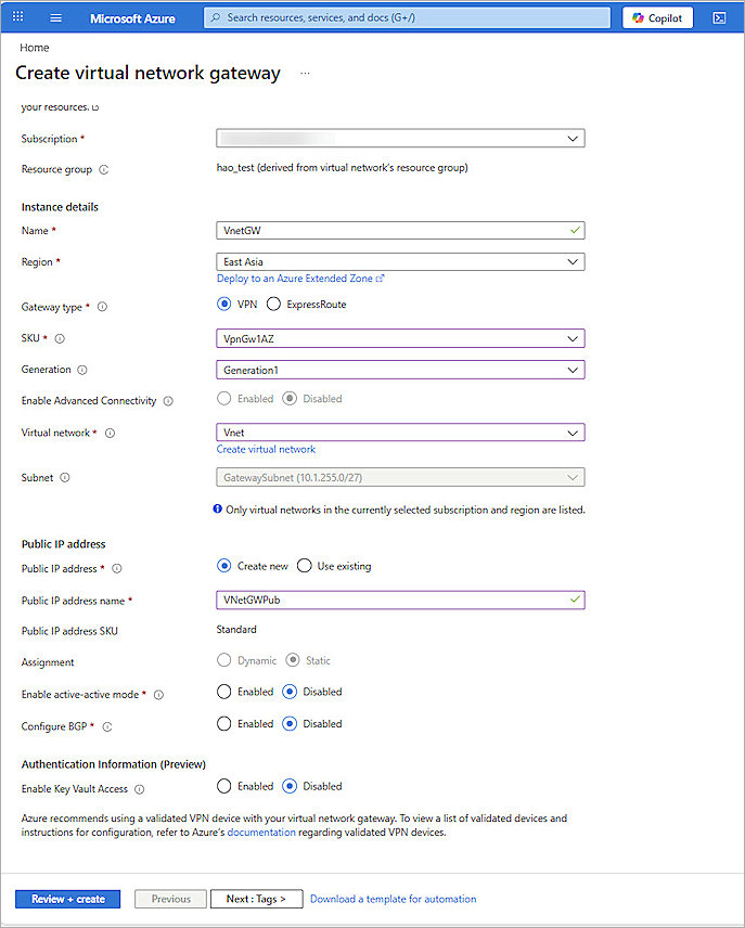 Screenshot of Azure portal, Create Virtual Network Gateway page with Basics tab selected